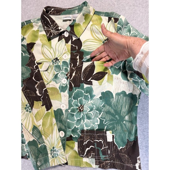 Women Chicos Size 3 Green Long Sleeves Down Bottom With Pockets Chore Jacket - Picture 6 of 15